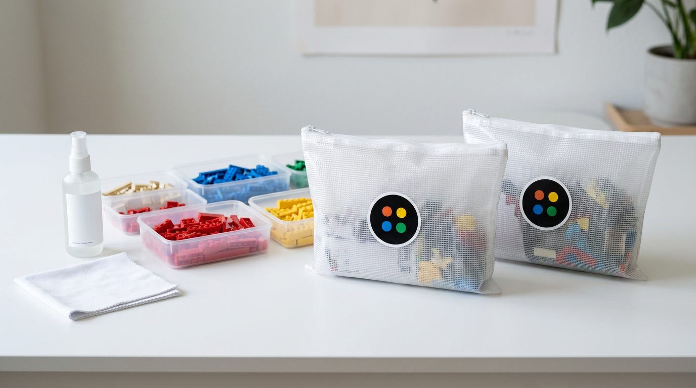 A clean Bryck Box workspace with sorted LEGO pieces and translucent zippered Bryck Box organization bags