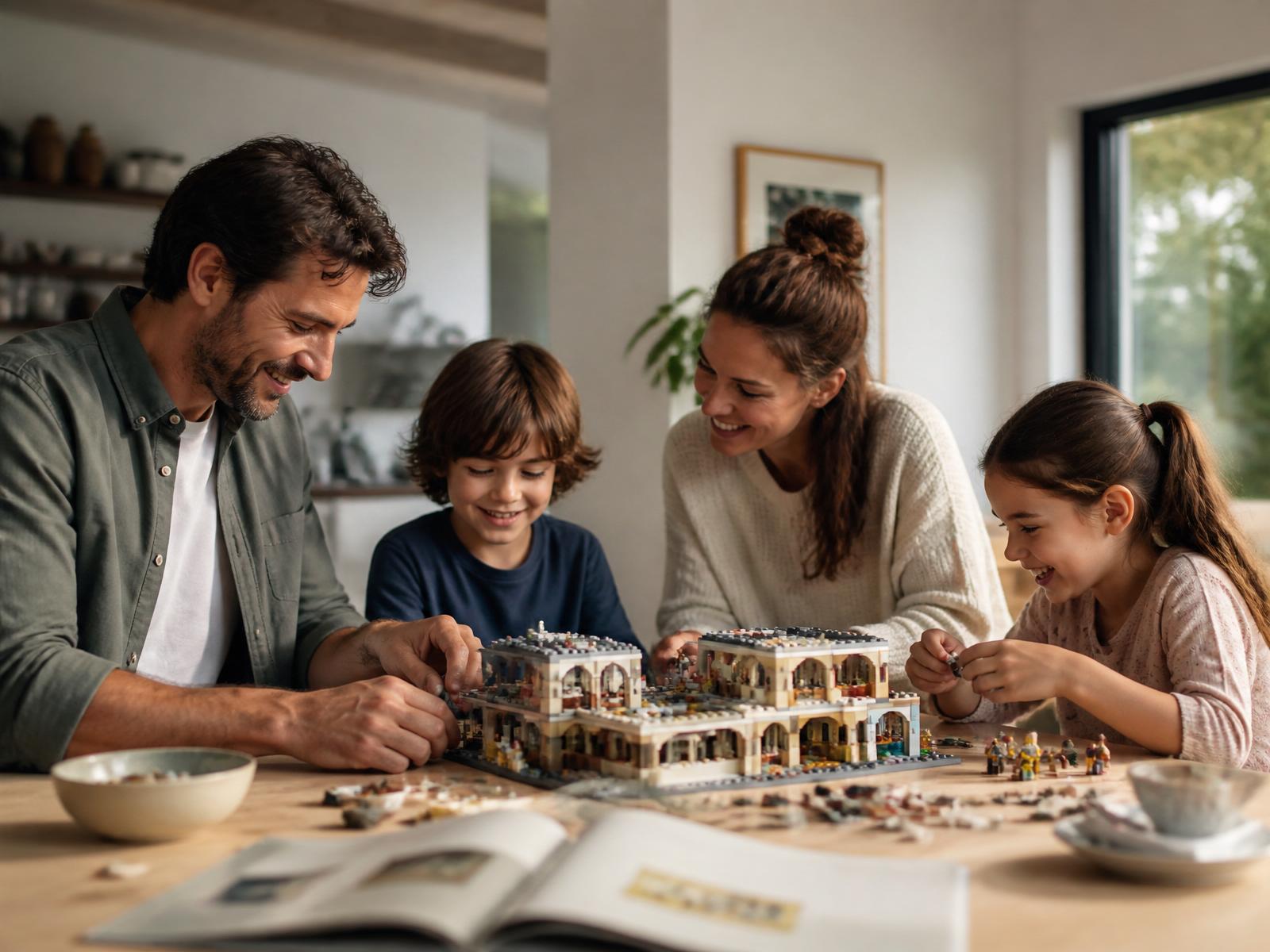 A family building a LEGO set together at a bright kitchen table