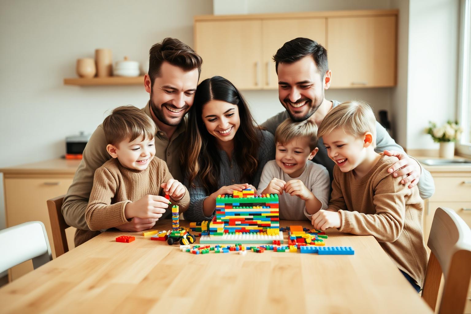 A family building a LEGO set together at the kitchen table